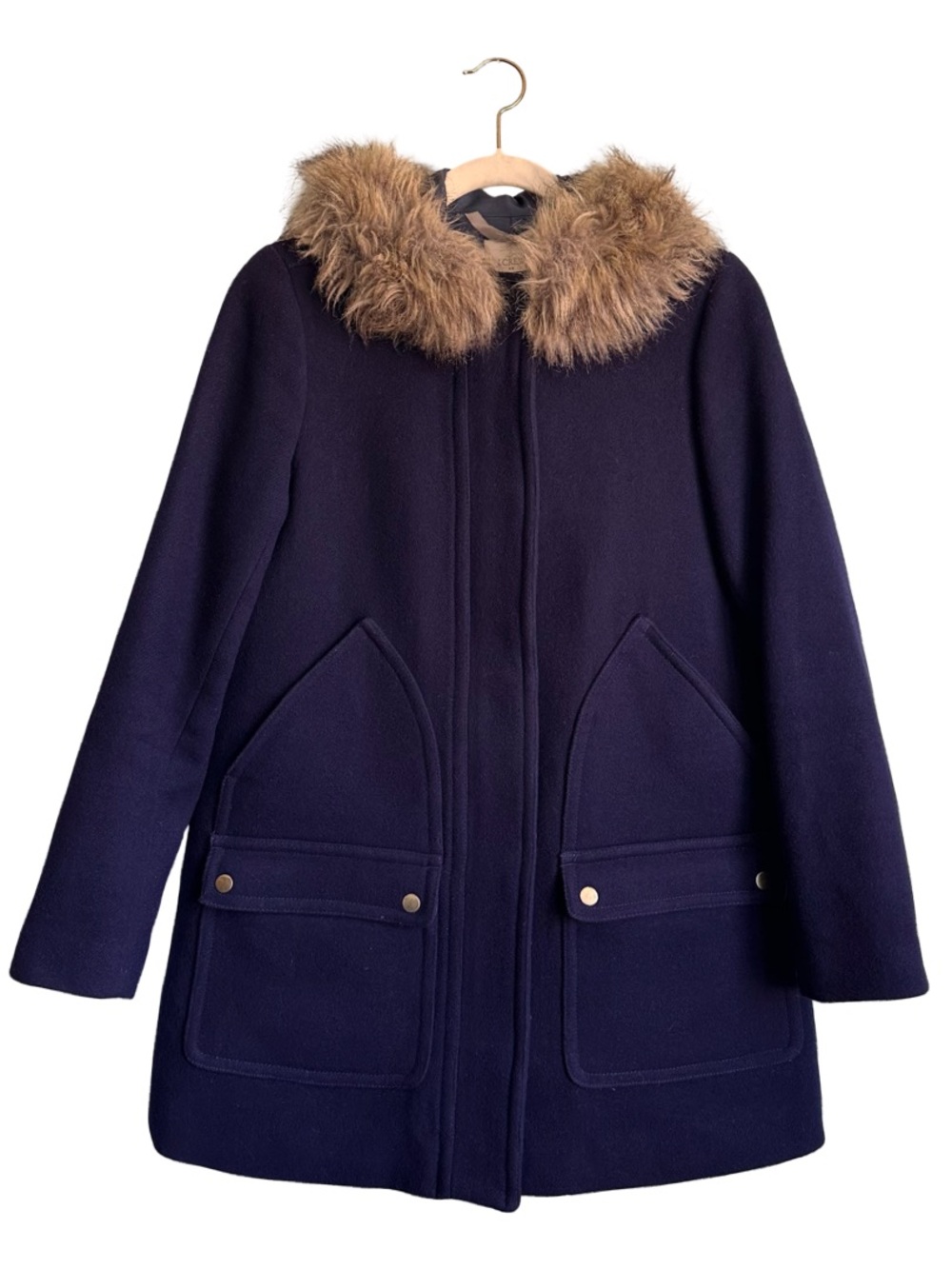 J. Crew Women’s Navy Blue Wool Coat Jacket Faux Fur Hood Size 2 Preppy Winter